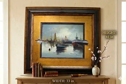 Large Framed Original Oil Painting | Maritime Harbour | Antique Gold Frame | 33x41 inch | Signed