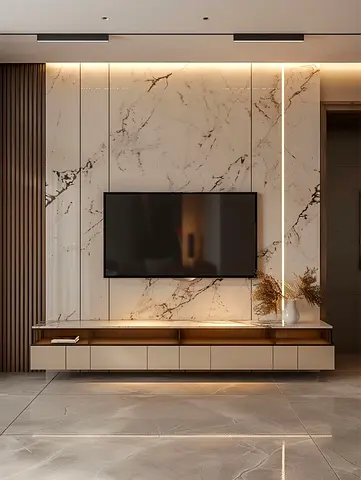 Sophisticated Marble  Fluted Wood TV Feature Wall