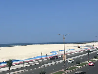 Two-bedroom apartment with a full sea view for rent in Ajman Corniche. Includes a master bedroom and two bathrooms. Prime location and affordable pric