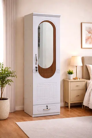 White Wooden Wardrobe Single Door – Cabinet with Lockable Drawer for Bedroom Storage