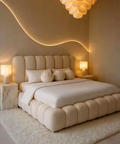 cream plush upholstered bed frame with bubble headboard