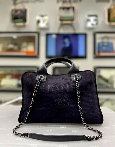 Chanel CC Black/Navy Blue Mixed Fibers Deauville Bowling Bag (Authentic/PreOwned)