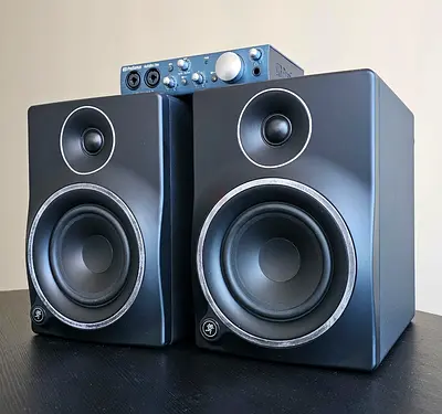 Pair of studio monitors + USB audio interface — used home studio set