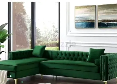 Emerald Green Velvet L-Shaped Tufted Sofa with Chaise 4 Seater!