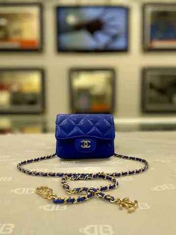 Chanel Blue Quilted Mini Caviar Classic Flap Card Holder on Chain (Authentic/New)