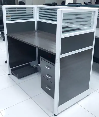 Single Office Workstation Cubicle with Glass Panels  3-Drawer Pedestal