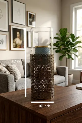 Arabic Filigree Brass Cylinder Lantern | Hurricane Candle Holder | Mashrabiya