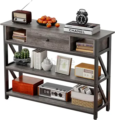 Brandnew Industrial Console Table with 3-Tier Storage | Gray Oak Entryway Table (100×30×79cm)