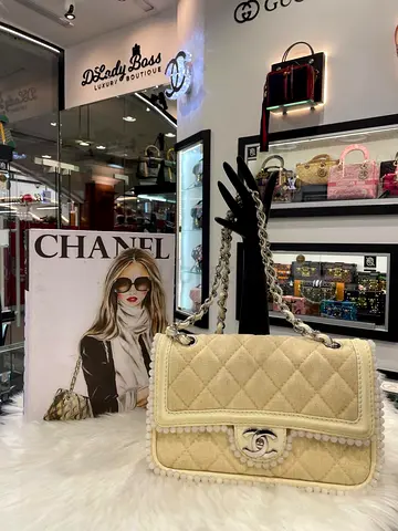 Chanel Vintage Pearl Trim Quilted Canvas Medium Classic Double Flap Bag (Authentic/PreOwned)