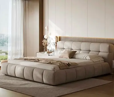 Beige Upholstered Platform Bed with clouded Headboard