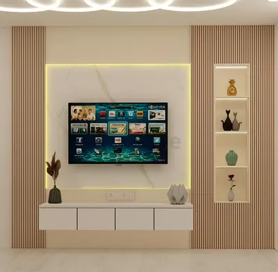 Contemporary Wood  Marble Entertainment Center