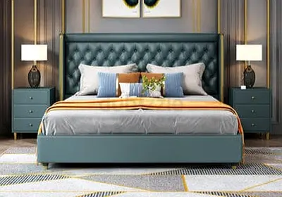 Tufted upholstered king  bed frame with headboard and matching nightstands (blue)