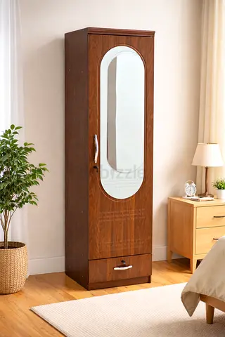 Oak Wooden Wardrobe Single Door with Drawer - Lockable Cabinet for Bedroom Storage