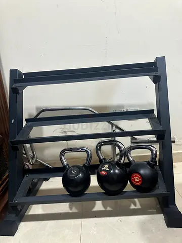 Im selling my kettlebell set with sturdy storage rack — 3 kettlebells included