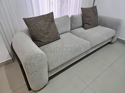 Newly purchased 3-seater light grey fabric sofa — modern rounded arms
