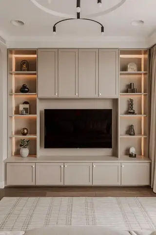 Beige Built-in Entertainment Center with Cabinets