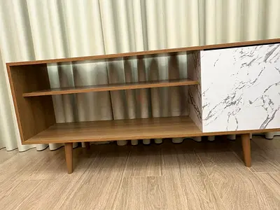 Mid-century TV/Media Console with Marble-look Door — Used, Good Condition