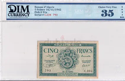 Algeria Banknote 5 francs 1942 DIM 150AED