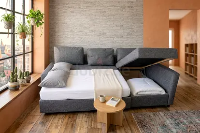 Convertible L-Shape Sofa Bed Pull-out bed + storage feature Elegant grey color design No damage, cle