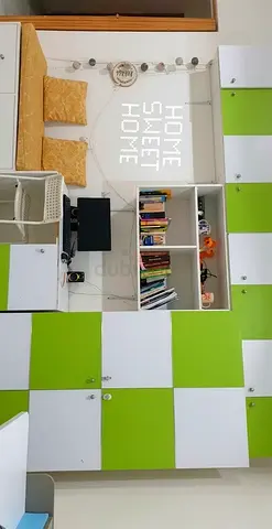 Green  White Built-in Storage Wall with Shelves  Cabinets