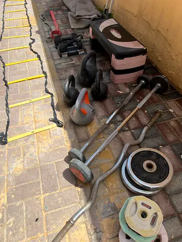 Home gym bundle - barbells, plates, kettlebells, dumbbells, weighted bands, agility ladders, step.