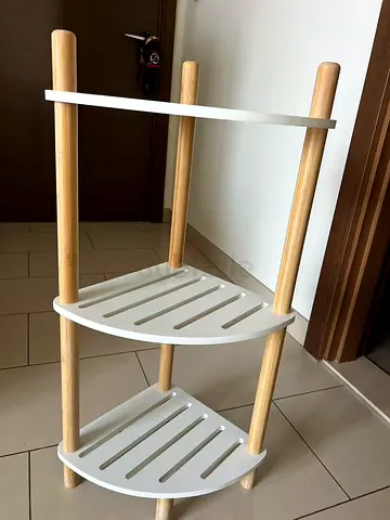 Compact 3-Tier Corner Shelf — Wooden Legs  White Slatted Shelves
