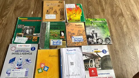 Used grade 9 school textbooks bundle — English (Beehive, Moments), Economics, Maths, AI