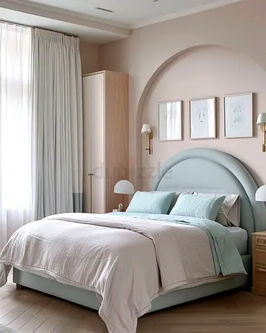 My light blue upholstered bed with rounded headboard