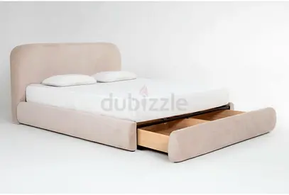 Round corner thick king beige fabric bed