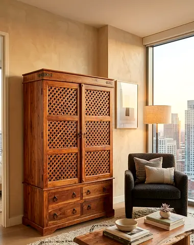 Wooden Storage Cabinet – Stylish Design Beautiful wooden cabinet with lattice doors and multiple dra