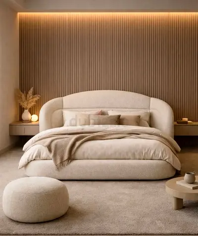 Beige Curved Upholstered Bed with Matching Ottoman