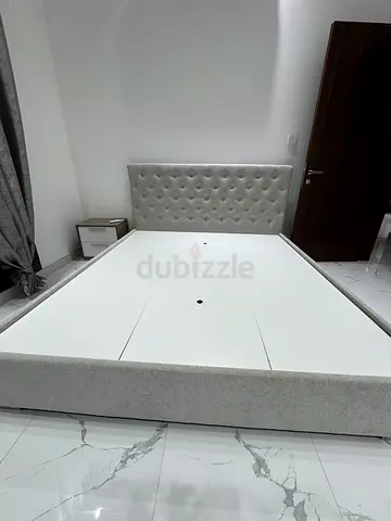 Grey tufted upholstered bed frame with headboard (good condition), nightstand 1 and 3 drawer chest.