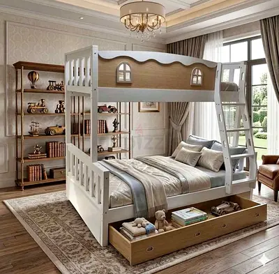 wooden bunk bed with storage drawer and ladder