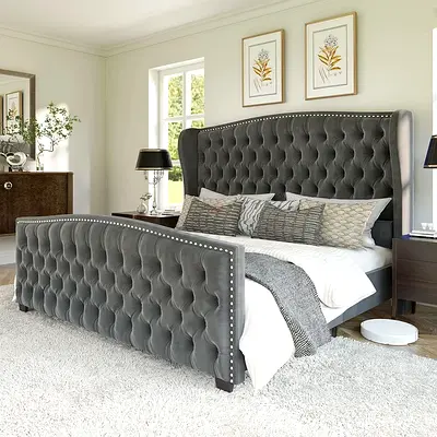 Nailhead button tufted style king velvet bed