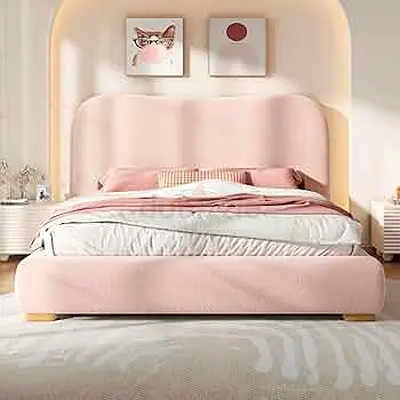 Soft rounded corners wide headboard queen boucle bed