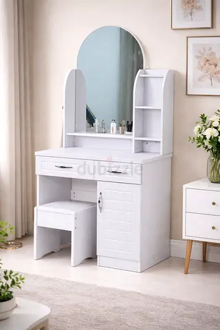 White Dressing Table with Mirror  Stool – Makeup Vanity Table with Drawers  Cabinet for Home