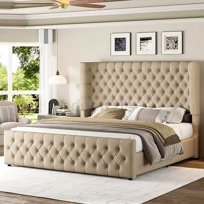 Khaki linen tall headboard super king bed
