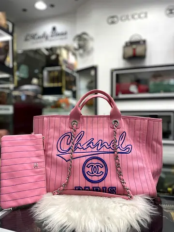 Chanel Pink/Blue Canvas Calfskin Striped Large Deauville Tote Bag (Authentic/PreOwned)