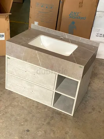 Modern bathroom vanity unit with integrated sink - 2 drawers  open shelves