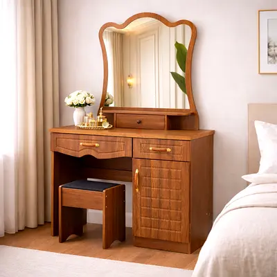 Modern Oak Dressing with Mirror Vanity Set – Wooden Dressing Table with Drawers for Bedroom