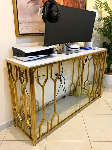 Gold Geometric Console Table with Marble Top and Glass Shelf