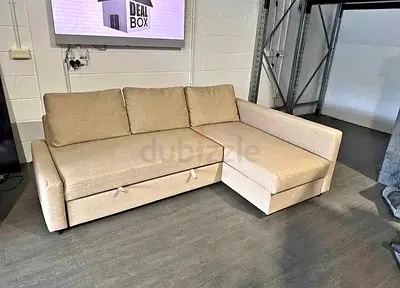 Beige L-shaped Corner Sofa bed with Storage Chaise - Good Condition