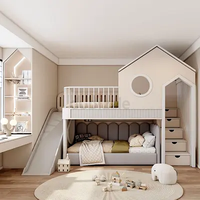 Stylish kids loft bunk bed with slide and built-in storage