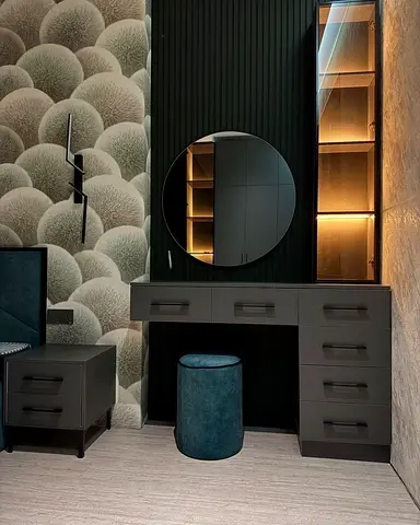 Modern Dressing Table with Round Mirror  Stool