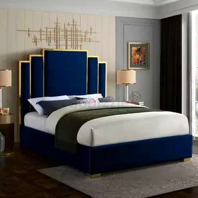 Elegant Navy Queen Size Velvet Upholstered Bed with Gold-Trim Headboard