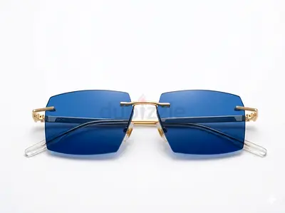 Lightly used blue rimless rectangular sunglasses with gold temples