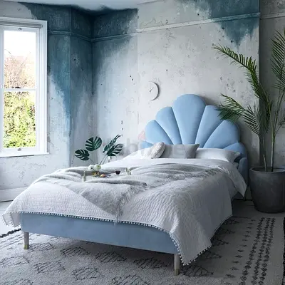 Used Light Blue Upholstered Bed with Shell Headboard