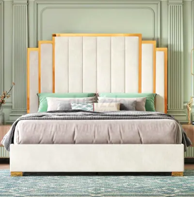 Upholstered Super King Size bed frame with tall padded headboard