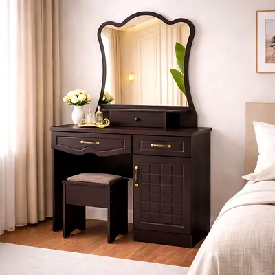 Wenge Dressing Table with Mirror  Storage – Modern Vanity Set