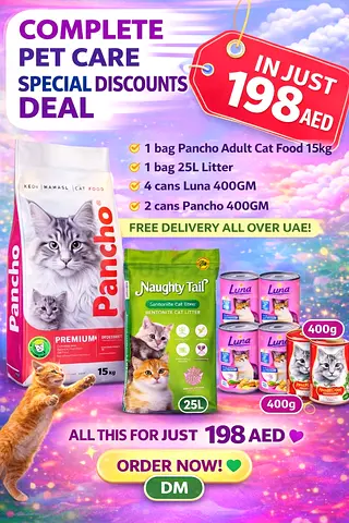 My Cat Care Bundle: Pancho 15kg + 25L Litter + 6 Cans (198 AED, Free Delivery)